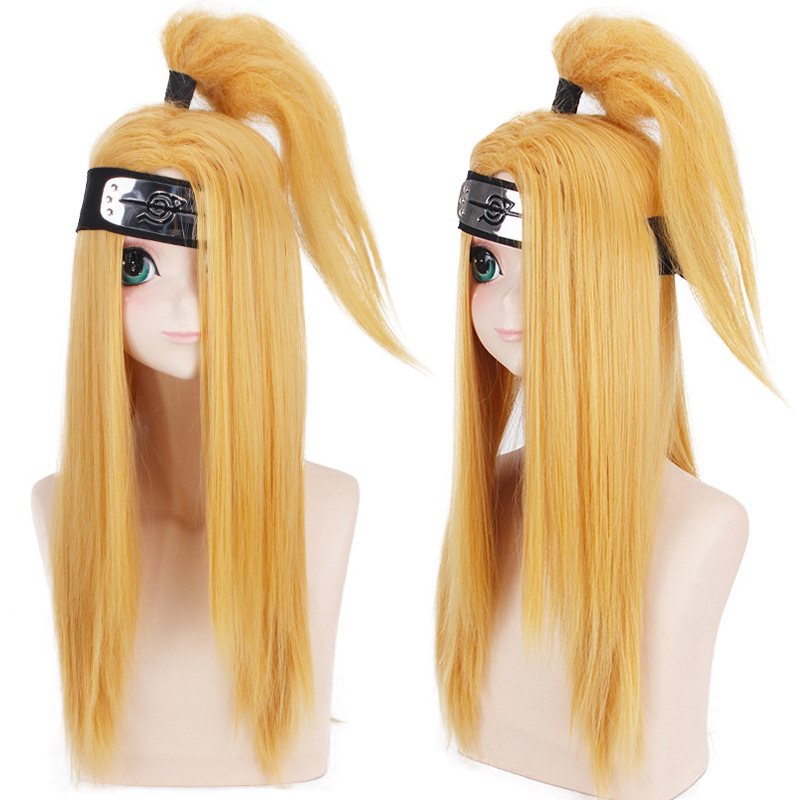 Blue and Gold Naruto Deidara Style Wig with Braids on Top, Golden High Ponytail Cosplay Wig
