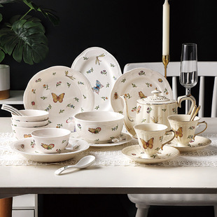 Vintage Dragonfly Butterfly Ceramic Tableware Set High-value Dish Bowl and Dish Western Food Plate Household Nnoodle Bowl Fish Plate Creative