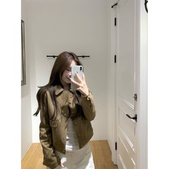 秋季酷飒美式复古高级短款皮衣仿麂皮外套女新款小个子工装夹克