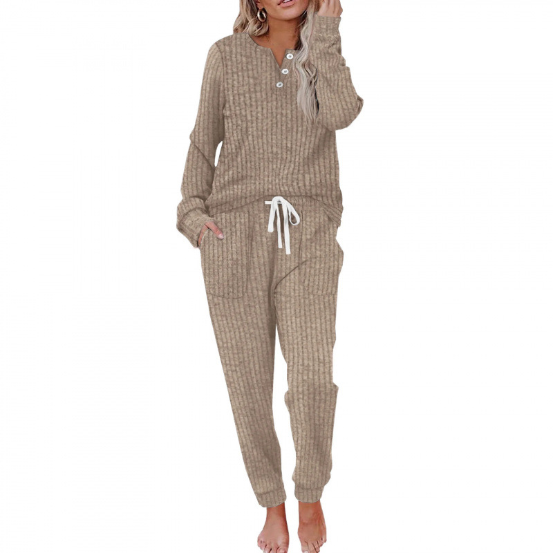 2025 Cross-Border European and American New Product Two-Piece Women's Casual Flap Pocket Pants Suit Buttoned Sweatshirt Pants Sports Suit