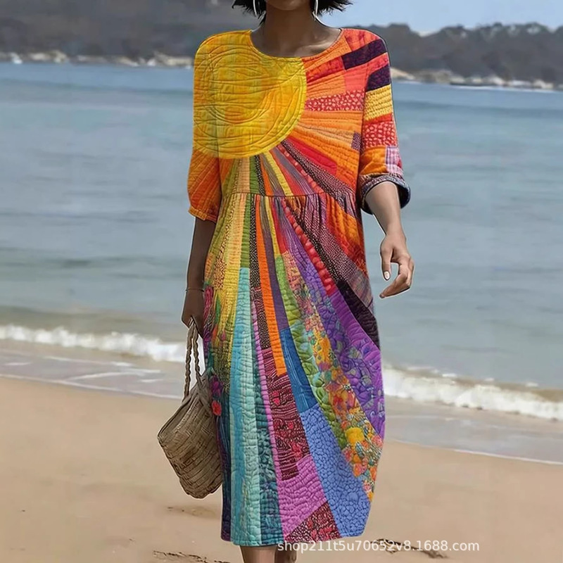 New Printed Long Dress for Seaside Vacation, Cross-Border European and American Style, Loose Round Neck, in Stock New Printed Long Dress for Seaside Vacation, Cross-Border European and American Style, Loose Round Neck, in Stock