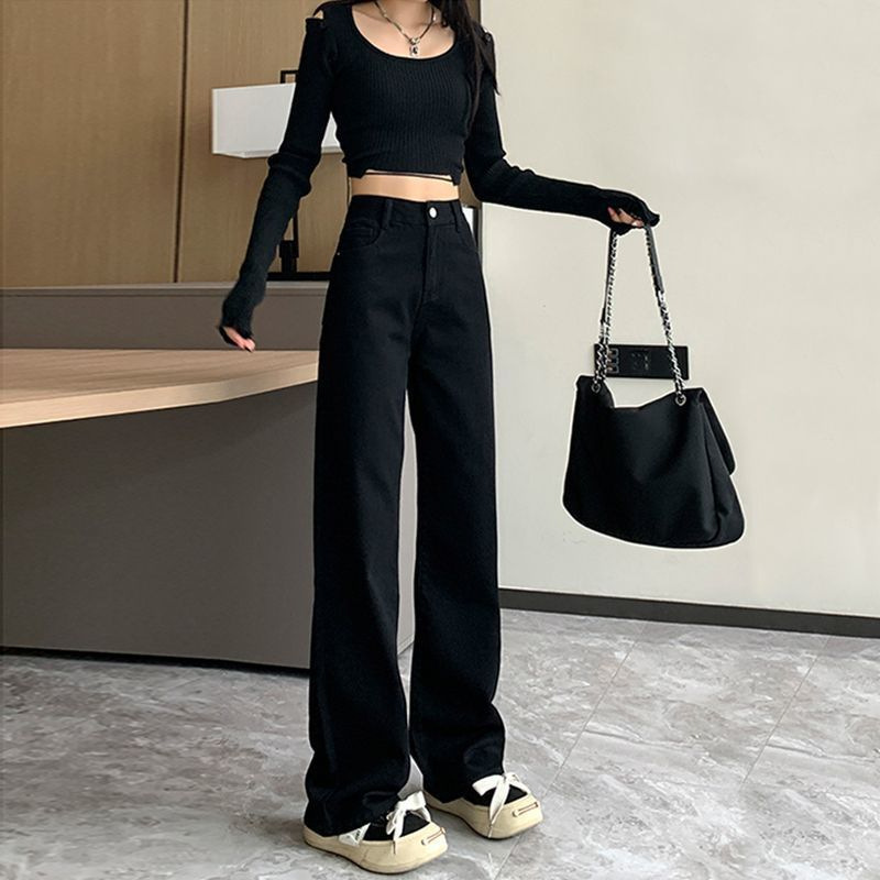 2026 Spring and Autumn New Black High-Waisted Wide-Leg Jeans for Women, Petite Loose Drapey Floor-Length Straight Pants