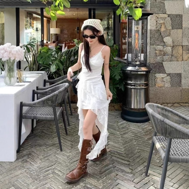 French White Irregular Lace Suspender Dress for Women Summer Seaside Vacation Waist Slimming Slit Long Skirt French White Irregular Lace Suspender Dress for Women Summer Seaside Vacation Waist Slimming Slit Long Skirt