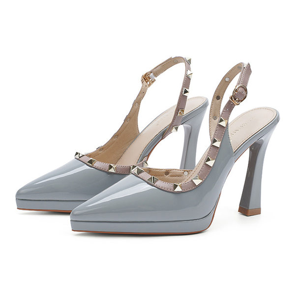 Sandal cao gót nữ mũi nhọn hở mũi, gót nhọn đinh tán, đế chống thấm nước — Xanh lam nhạt