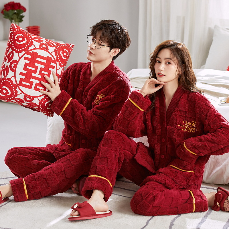 Coral rojo fleece boda pareja pijamas recién casados traje hombres engrosada Otoño e Invierno franela roja desgaste del hogar de Las Mujeres