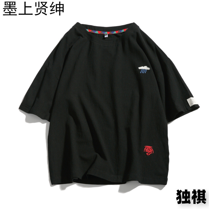 Camiseta de algodón y lino con manga media suelta bordada para hombre de manga corta, camiseta de verano para hombre, ropa de lino, camiseta de talla grande