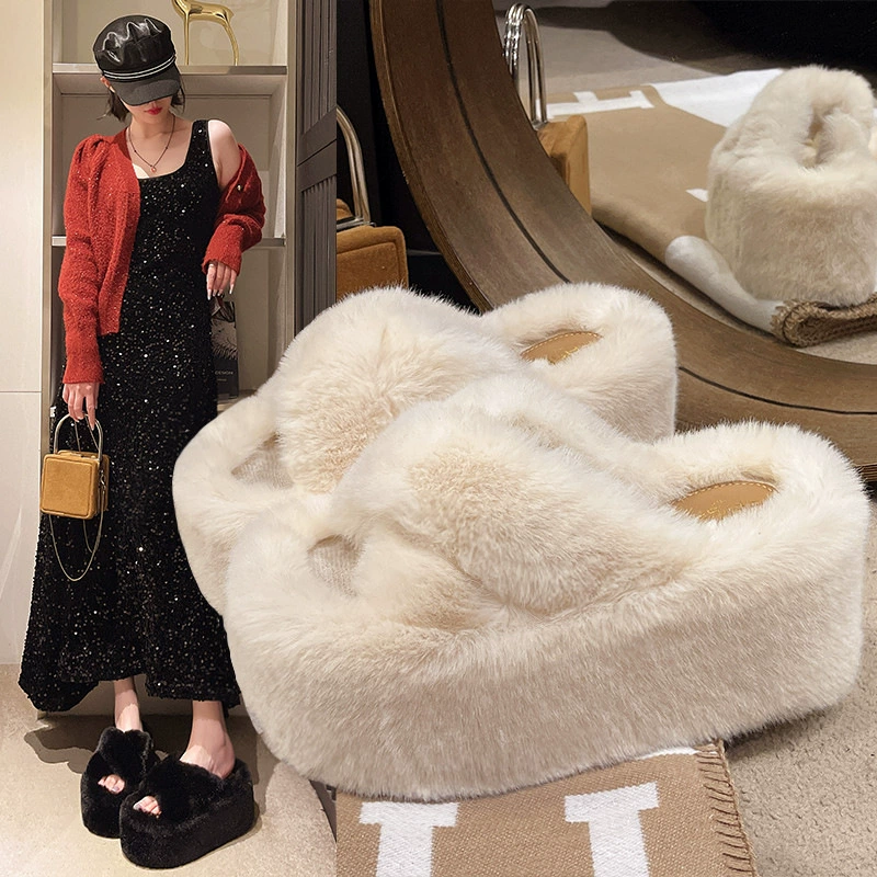 Женские тапочки на толстой подошве с круглым носком и меховой отделкой, теплые домашние модные утепленные хлопковые тапочки оптом