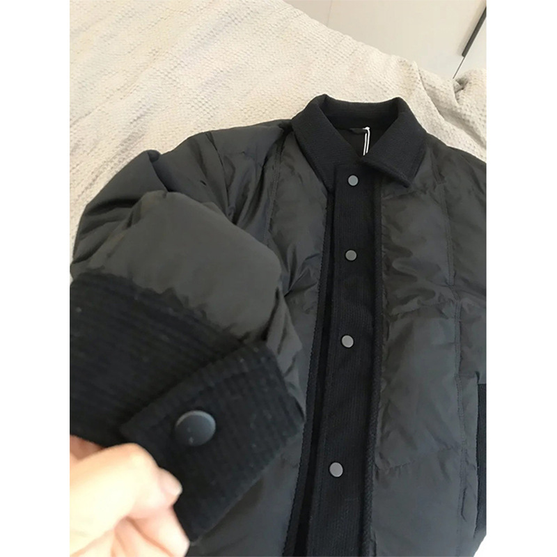 黑色绗线拼接假两件棉服男冬季成熟稳重男装外套潮牌cleanfit棉衣