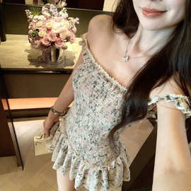 2026夏季新款纯欲装松紧腰一字肩复古碎花显瘦辣妹短裙连衣裙女装