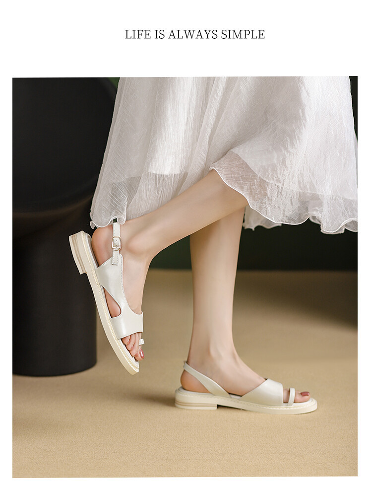 Sandal nữ xỏ ngón đế bệt da thật phong cách La Mã hở mũi quai hậu — Màu nâu, Màu đen, Màu trắng be chi tiết 34