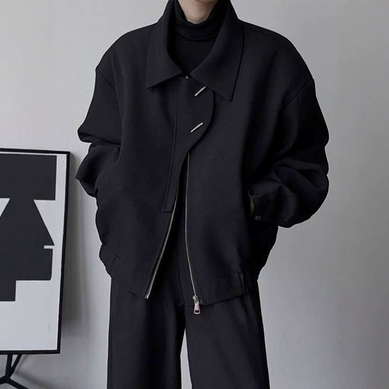 Black padded shoulder short jacket for men, clean fit, cool and sophisticated, niche design, structured shoulder jacket.