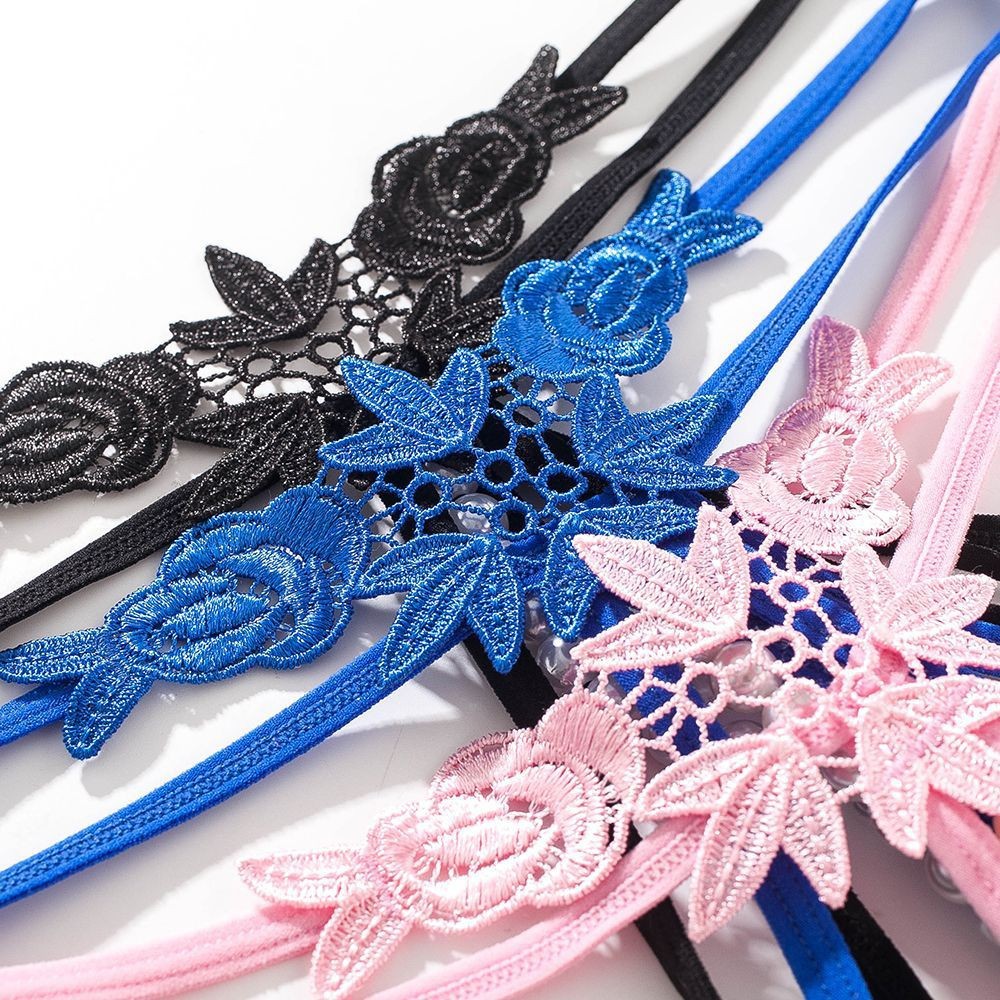 Women’s Hollow Embroidered Thong with Pearl Detail, Open Crotch, Blue, One Size — detail image 1