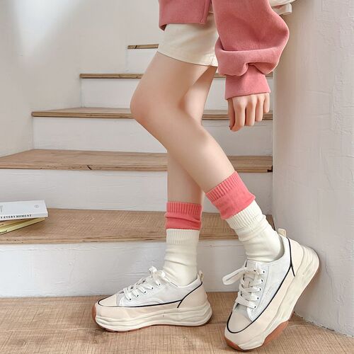 Double-layer socks women's mid-calf socks cotton socks patchwork color-matching faux double pairs mid-high socks autumn/winter double cuffs long socks spring/summer