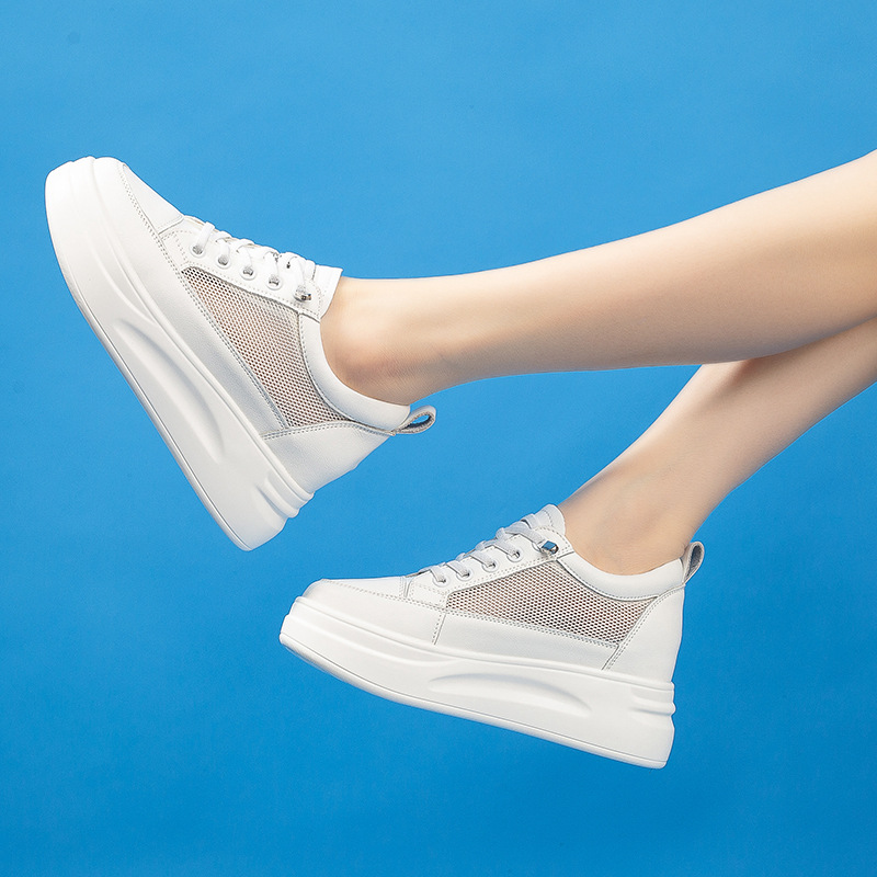 网面小白鞋透气女夏季2025新款松糕厚底内增高百搭真皮爆款休闲鞋