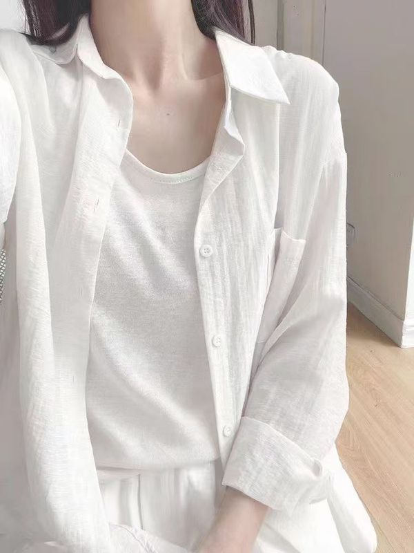 高质量棉麻长袖衬衫女春夏季小众设计感慵懒风宽松防晒衣女装批发|undefined