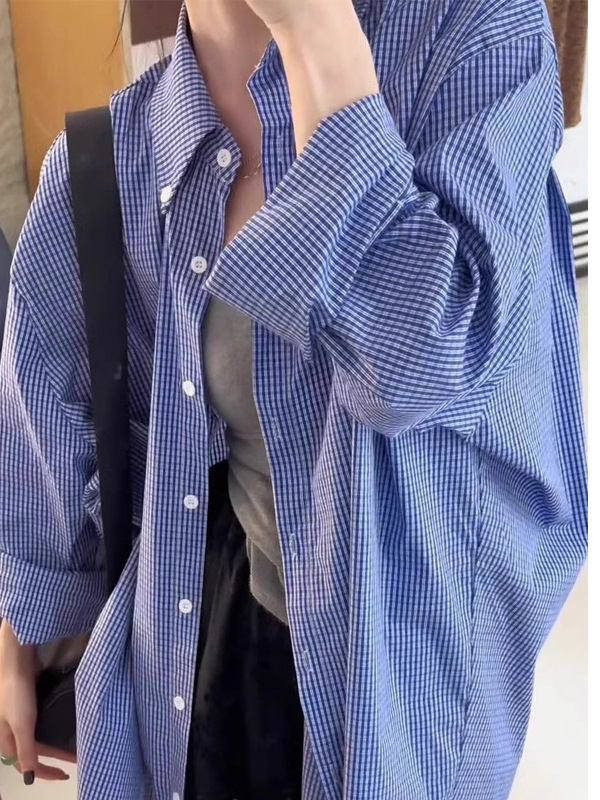 高级感超好看宽松蓝色显瘦衬衣秋季新款女百搭慵懒风格子衬衫休闲|undefined
