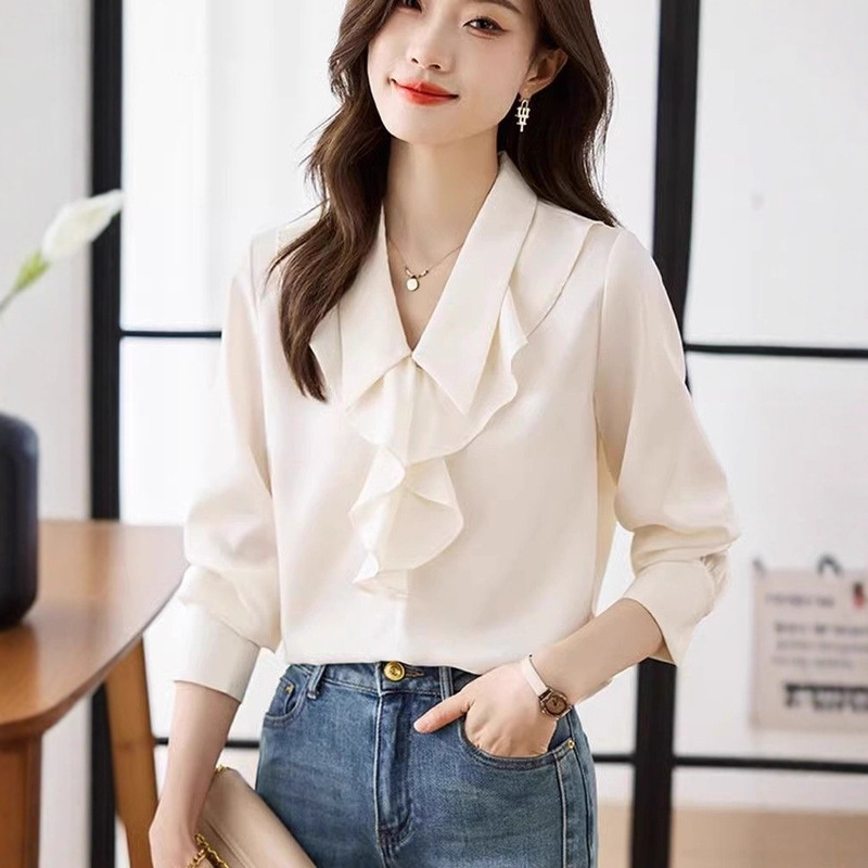Real Shot of Ruffled Shirts, Unique and Beautiful French Sweet Tops, Korean Style Professional Shirts for Women