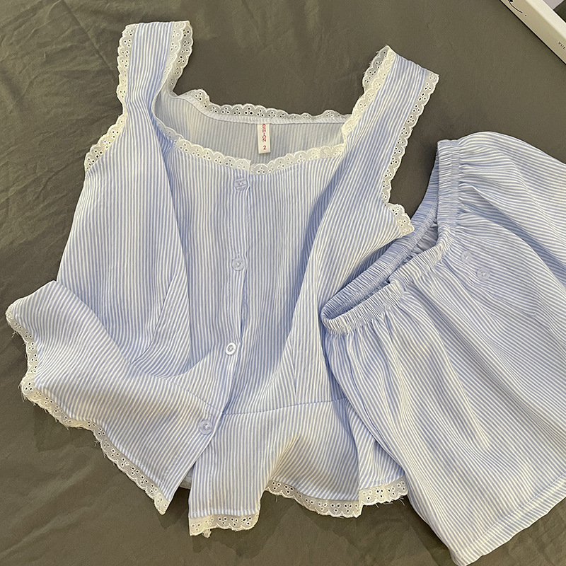 蓝色条纹蕾丝花边背心睡衣女夏季开衫吊带短裤宽松女生家居服套装