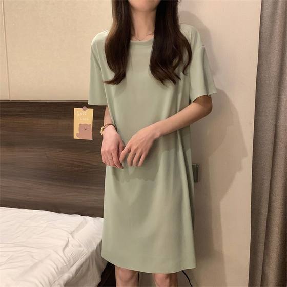 Ice Silk Nightgown Women's Summer Short Sleeve 2025 New Thin Loose Spring and Summer Lazy Pajamas dress plus size