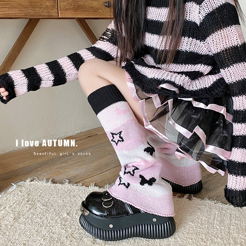 Scaldamuscoli "Scaldamuscoli Y2K con fiocco e cuore – Calzini in maglia reversibili per donna (stampa rosa/stella, taglia unica, stile Sweet Subculture)"_voghion.com
