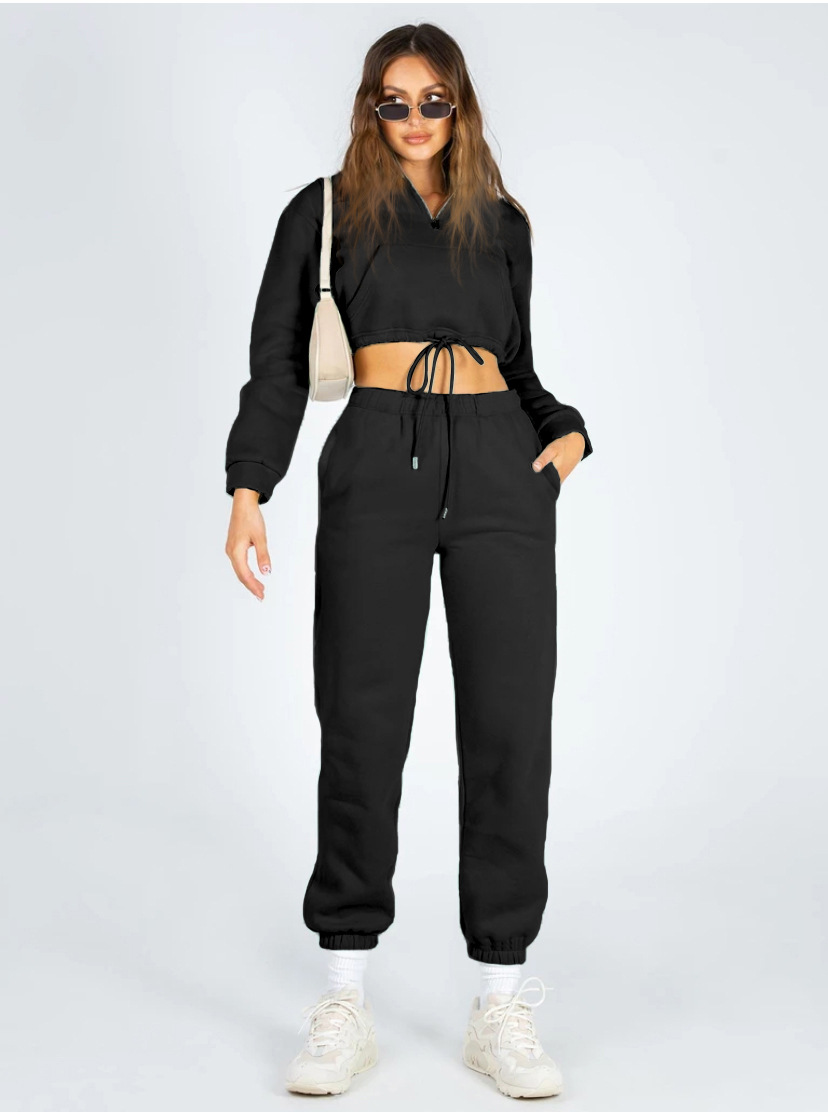 Women's Clothing 2024 autumn and winter solid color stand up collar zipper drawstring navel baring plus velvet sweatshirt casual sweatpants suit_voghion.com