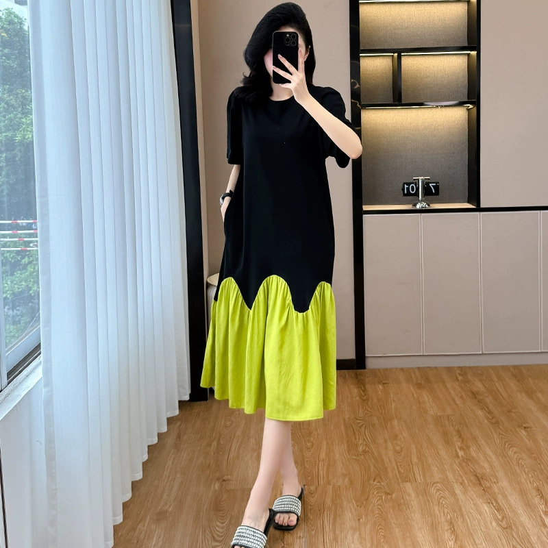 Лето 2025 года корейское повседневное сшитое платье рыхлое худое и худое женское платье большого размера