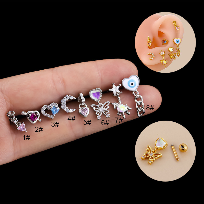 New Moon Love Farfalla Ciondolo Zircone Earbone Acciaio inossidabile Vite a doppia testa Asta spessa Puntura della cartilagine_voghion.com