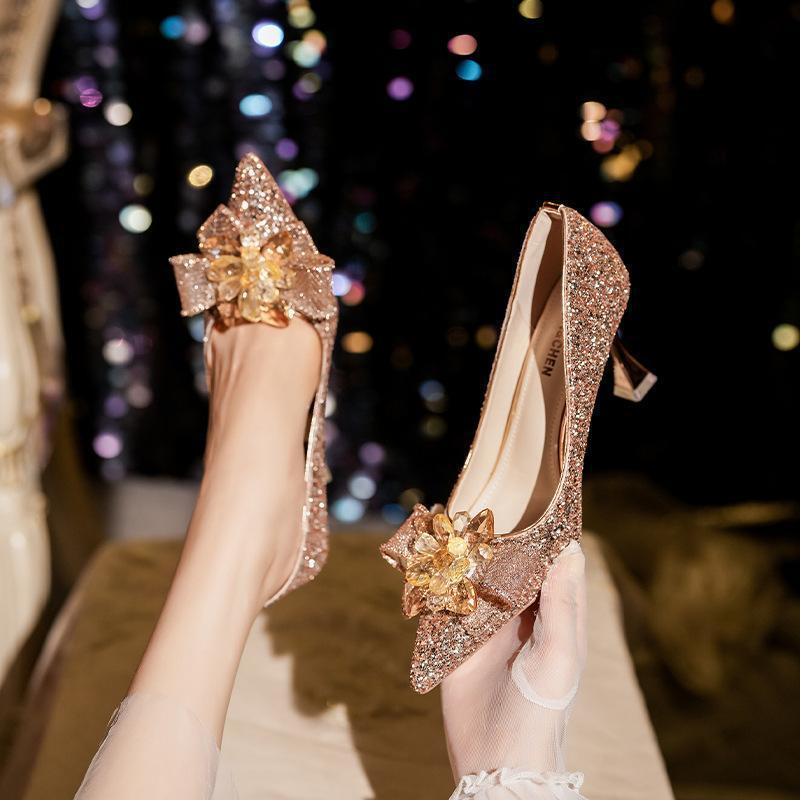 Wedding shoes hexiu wedding dress two-way bridesmaid dress shoes rhinestone French style wide fat feet high heels plus size plus size