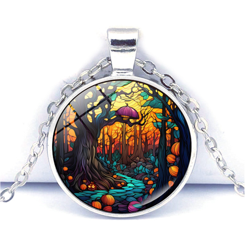 Collier pendentif château crâne d'halloween pour homme et femme_voghion.com