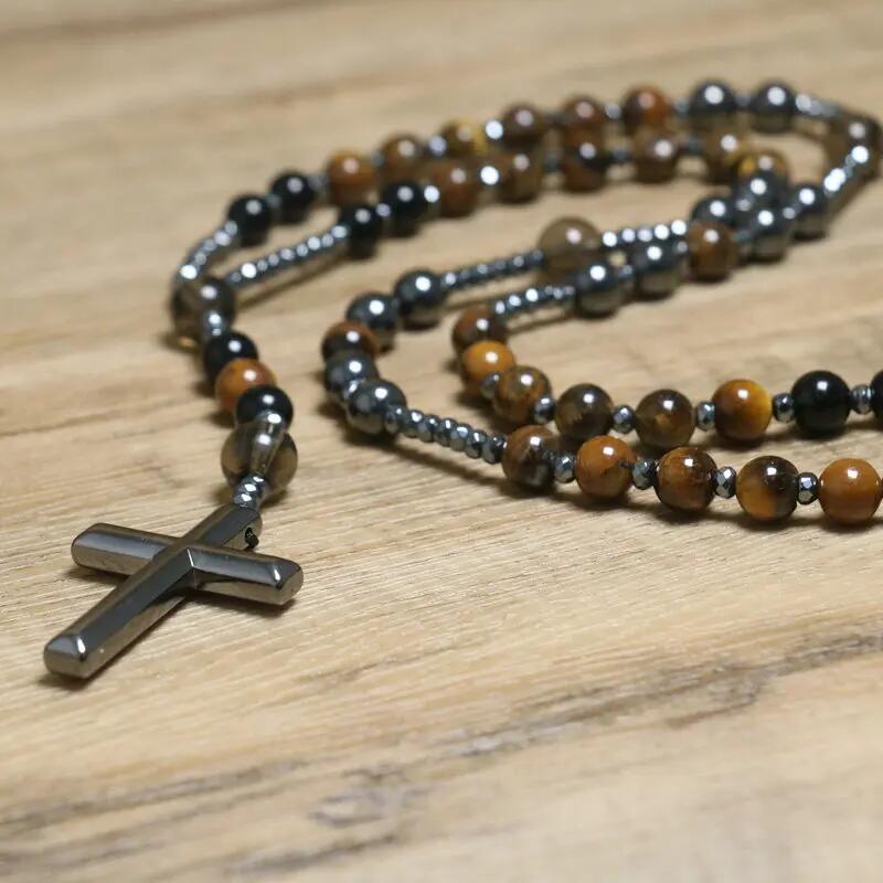 Streetwear Cross Natural Stone Beaded Pendant Necklace 1 Piece display picture 3