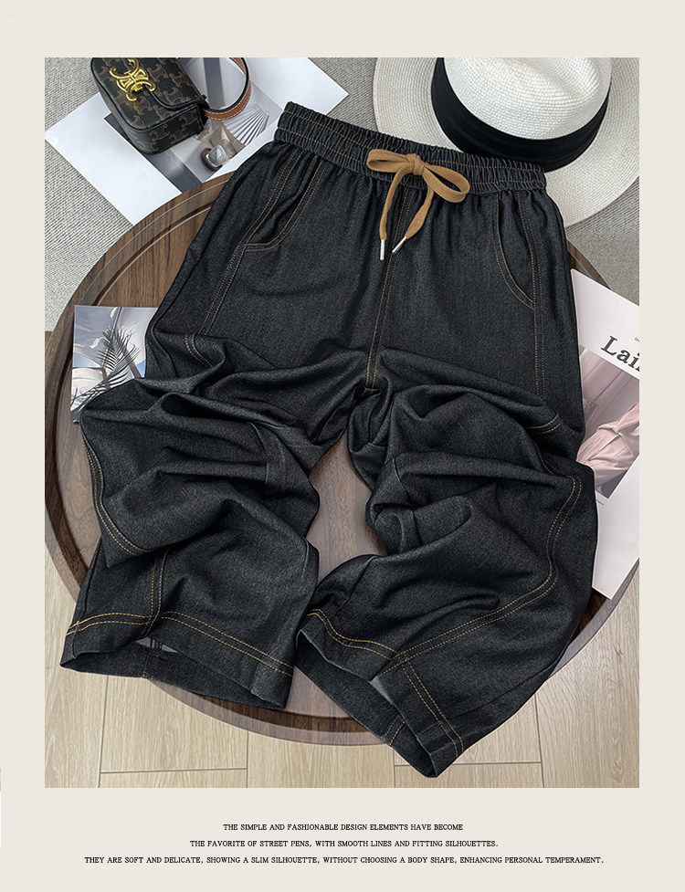 Quần jean nữ ống rộng cạp cao vải denim mỏng nhẹ dáng suông — Đen - Loại thông thường chi tiết 17