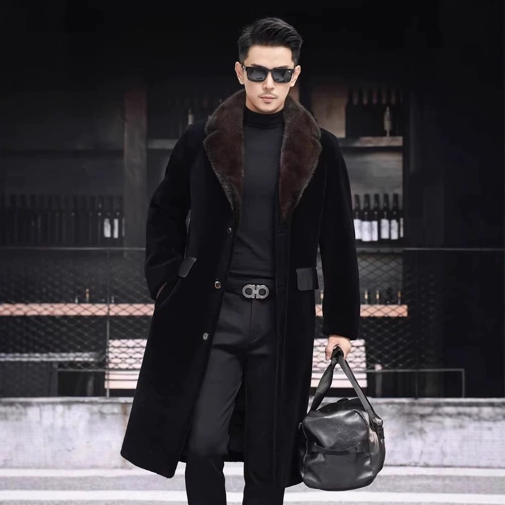 Woolen long velvet trench coat, down jacket, genuine leather