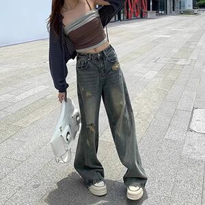 宽松阔腿复古港风牛仔裤女破洞设计高腰垂感直筒长裤子百搭ins风