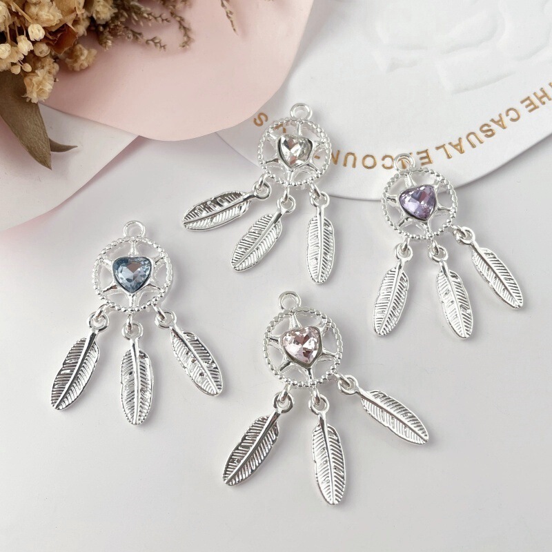 Yk2 Sweet Cool Diamond Love Feather Dream Catcher Pendant DIY Alloy Pendant Handmade Necklace Bracelet Jewelry Accessories