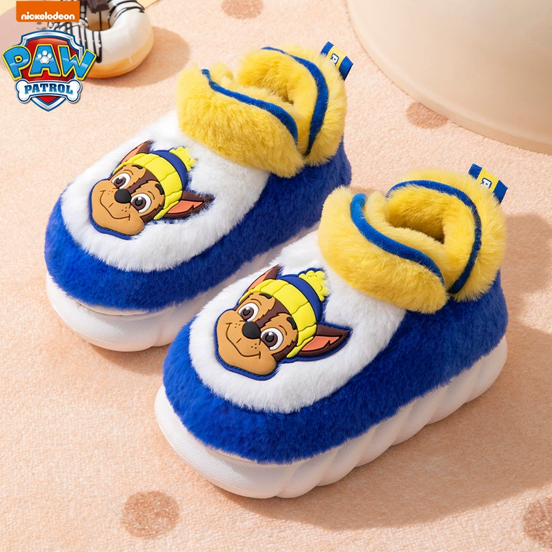 Зимние детские теплые толстые хлопковые тапочки Paw Patrol для мальчиков и девочек, нескользящие плюшевые хлопковые тапочки с флисовой подкладкой и закрытой задней частью.