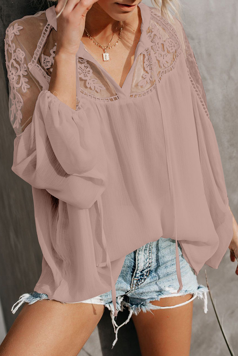 women s V-neck lace chiffon shirt nihaostyles wholesale clothing NSQSY78567