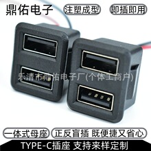 双层二合一USB口充电口 带线一体式母座 黑色卡式不带灯 注塑一体