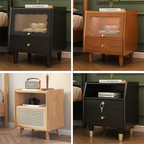 Japanese-style solid wood nightstand bedroom small apartment storage cabinet simple wicker bedside cabinet home use narrow cabinet small size