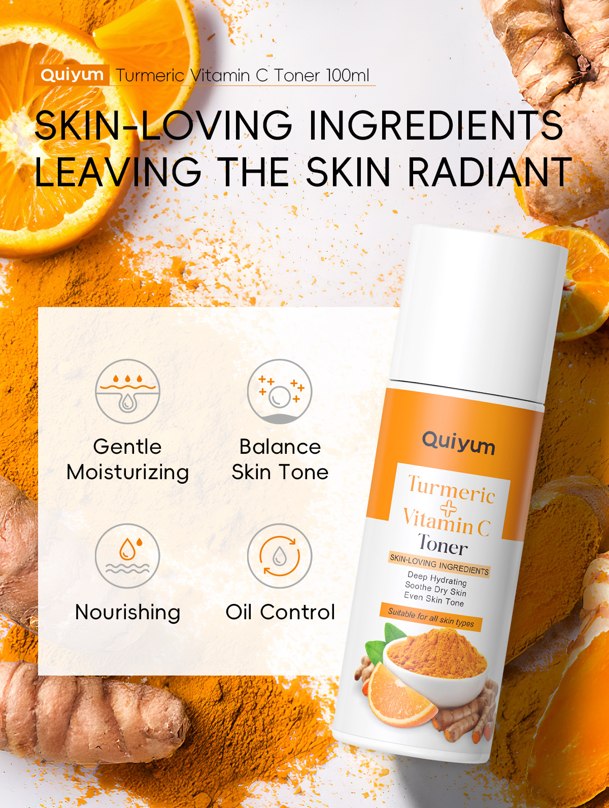 Cross-border new product QUIYUM Turmeric Vitamin c Toner 100ml for hydrating and moisturizing the face is available for wholesale from the manufacturer undefined