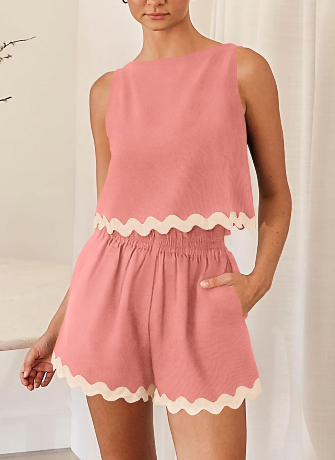 227g Weight Sleeveless Sleeve Length Linen, Lace Fabric Type Shorts Pants Type Shorts Co-ord Set Sets Type 2 Pieces Set Quantity Daily Occasion Round Neck Neckline Loose Fit Type Color Block, Waves Pattern Summer Season Women's Gender Casual Style Lace Craft Daily Women's Casual Color Block Waves Linen Lace Shorts Co-ord Set Shorts Shorts Sets 20