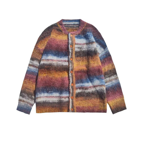 Autumn/Winter Color Striped Contrast Knit Sweater Loose Casual Unisex Slouchy V-Neck Cardigan for Men and Women Retro Style