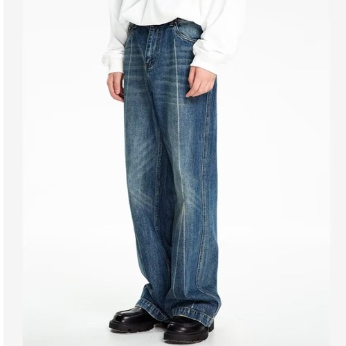 Trendy Washed Spring Men's Long Pants: Youthful, Popular, Loose-Fit, Straight-Leg Denim Jeans with Harajuku-Style Zipper