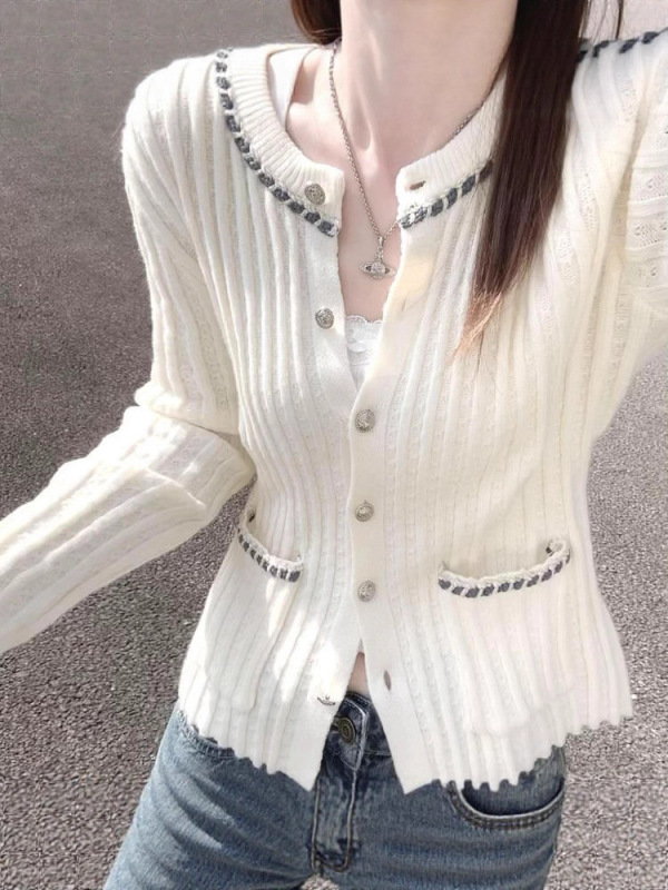 韩系小香风长袖白色针织开衫女2025早秋季新款爆款设计感外套上衣|undefined