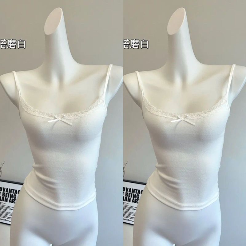 莫代尔棉纯欲风甜美漏锁骨吊带背心女夏季大码修身蕾丝打底衫上衣|undefined