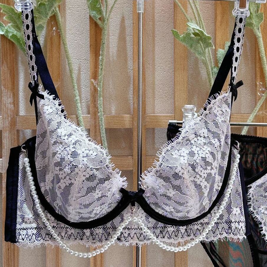6880 Pure Desire Bra Pestañas Encaje Colgante de perlas Oreja de conejo ultrafina Anillo de acero suave Copa BC Ropa interior Sujetador sexy
