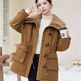羊羔毛大翻领派克服女2025冬季新款加绒加厚收腰保暖外套针织面料