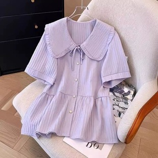 Plus Size French Design Short-Sleeved Shirt for Women in Summer, Fat mm Slimming Look, Loose Belly-Covering Elegant Doll Collar Top