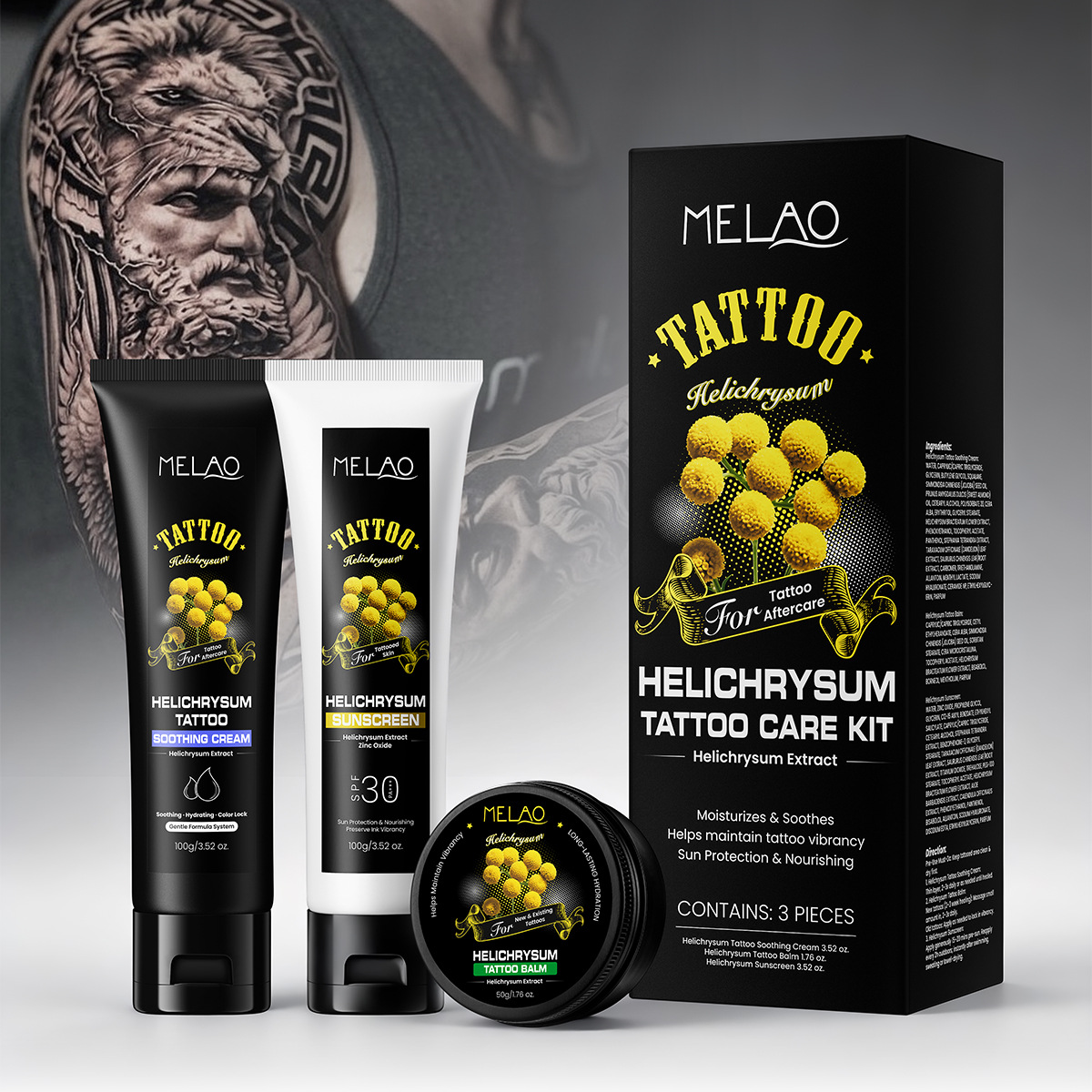 Helichrysum Tattoo Care Kit for moisturizing and hydrating the skin's surface after tattooing