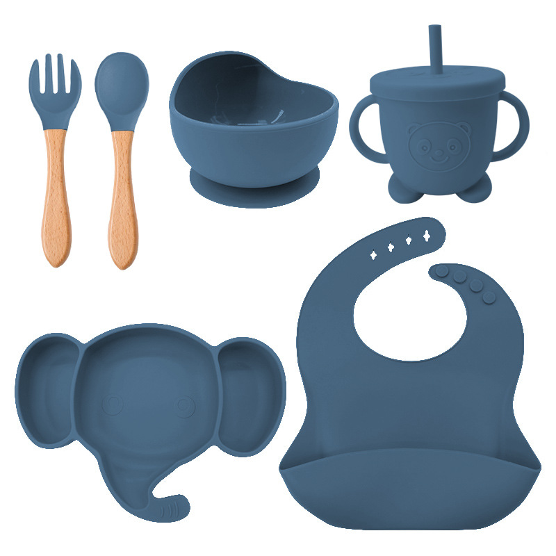 Plato de cena de silicona para niños tenedor cuchara traje de babero suministros maternos e infantiles traje de vajilla de alimentación infantil de grado alimenticio de silicona