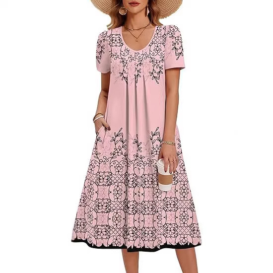 2026 European and American Cross-Border New Women's Fashion A-Line Beach Vacation Fashion V-Neck Printed Short-Sleeved Mid-Length Dress